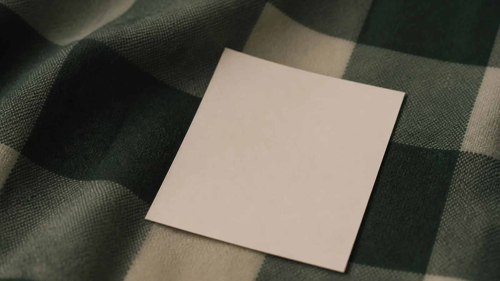 넓은 체크 울 위에 작은 단색 종이 윤곽을 놓은 평면 구도